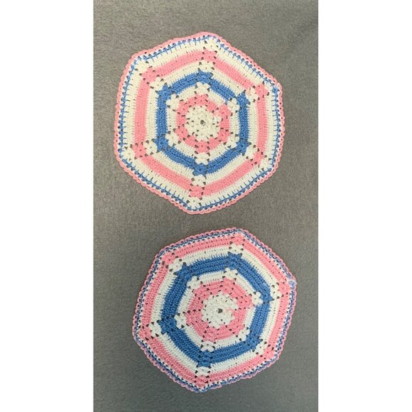 Handmade Crochet Doilies Set of 2 Rainbow Hexagon Pink Blue White 7" Diameter - Picture 5 of 8